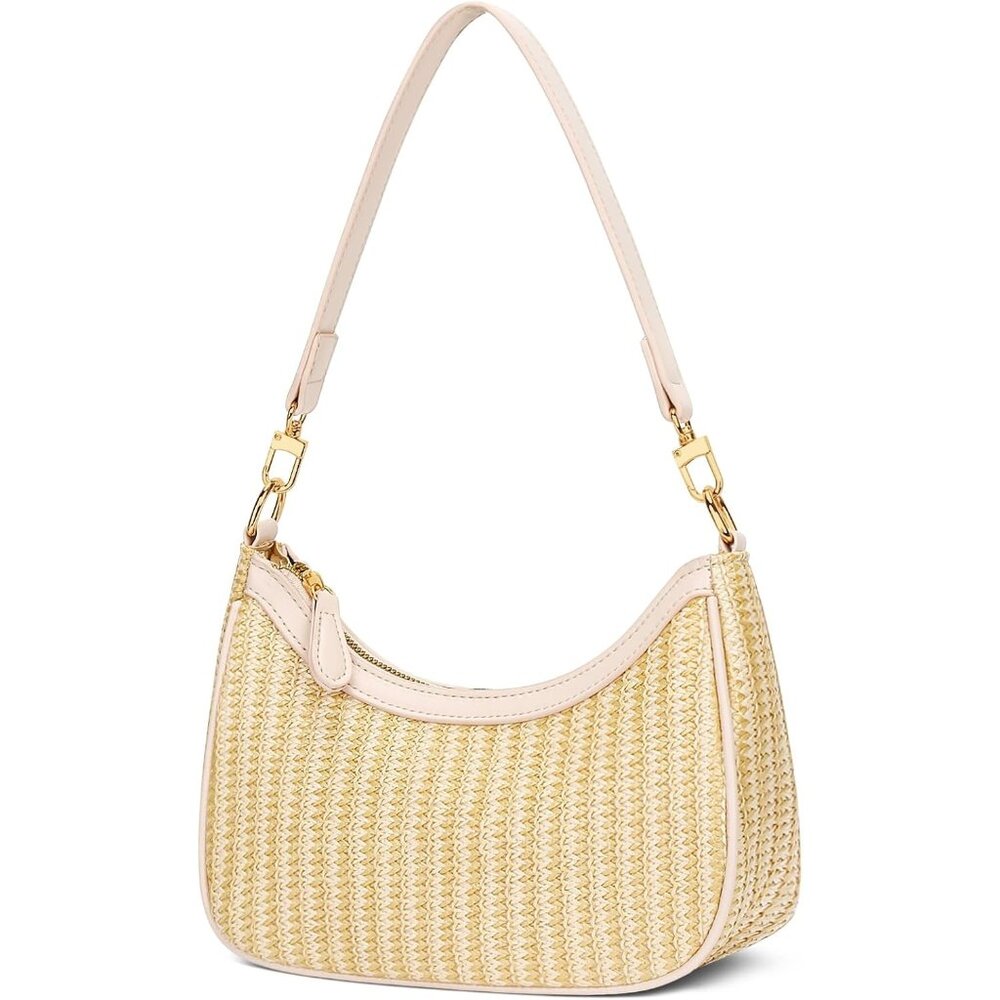 Women's Beige-1 Straw Gold Chain Strap Underarm Zipper Pouch Hobo Purses
